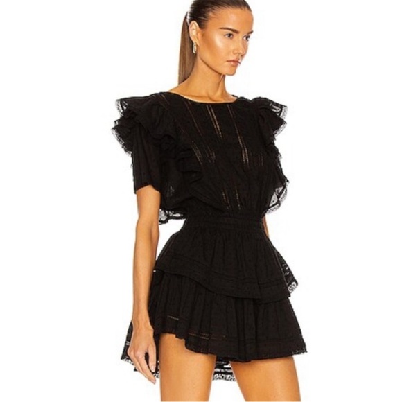 Womens LoveShackFancy Elegant Gwen Ruffled Tiered Mini Dress Black - Picture 1 of 9